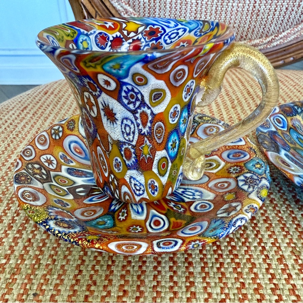 Murano Millefiori Blown Glass Tea Cup/Saucer-Set of Two - Picture 2 of 6